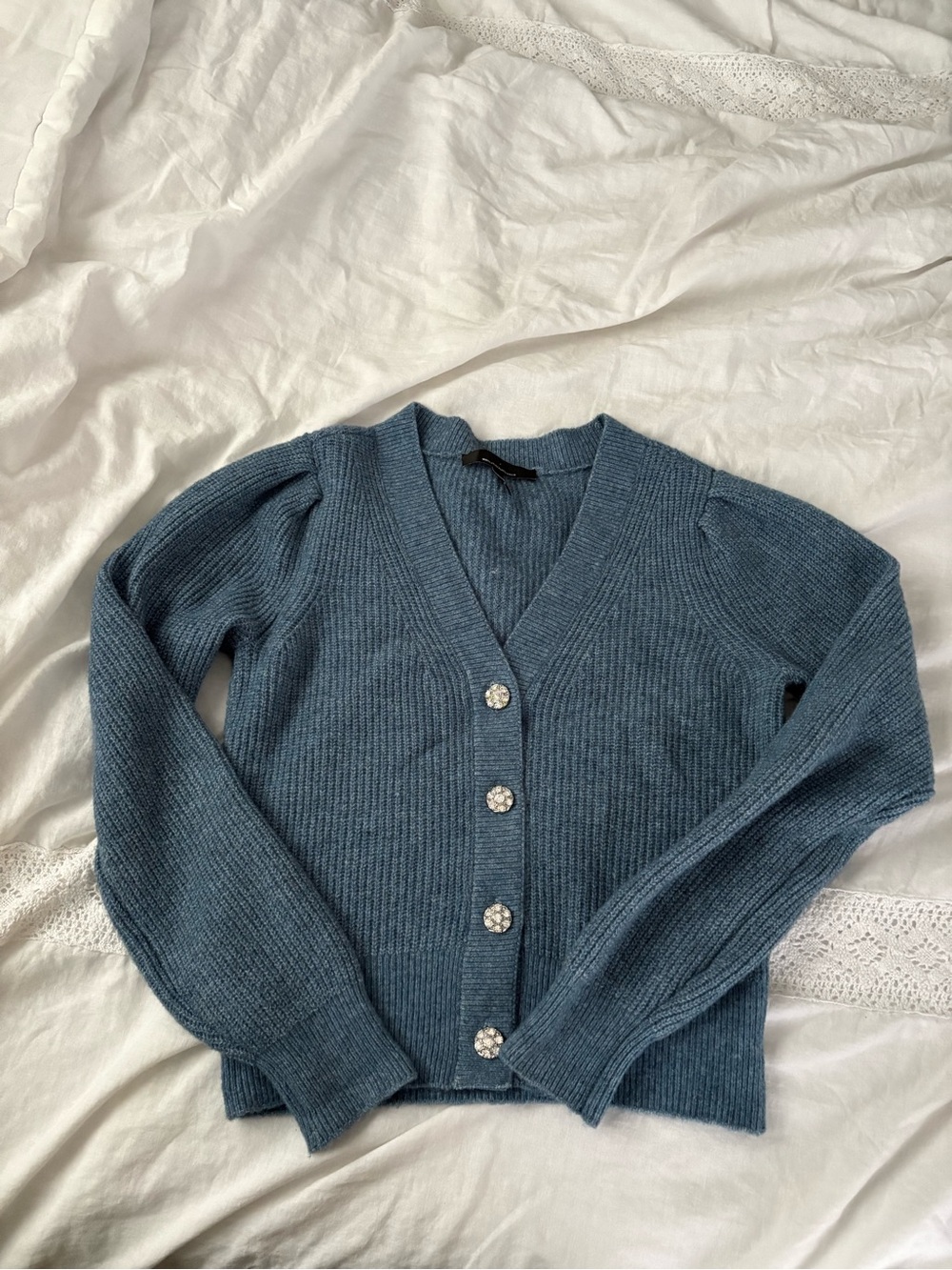 WHBM White House Black Market blue cardigan sweater jewel buttons SMALL cropped